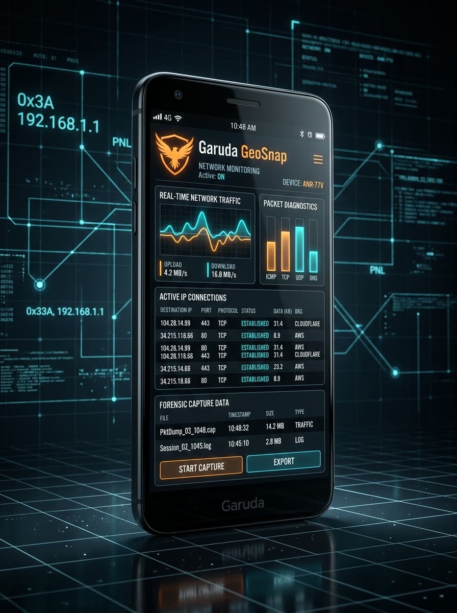Garuda GeoSnap Mobile Network Diagnostics Interface Mockup